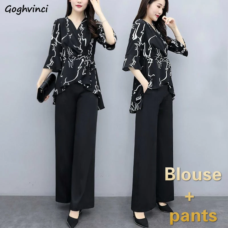 

Women Sets Chiffon Short Sleeve Blouses Turn-down Collar Wide Leg Pants Outfits Plus Size S-4XL Loose Outfits Streetwear Ulzzang