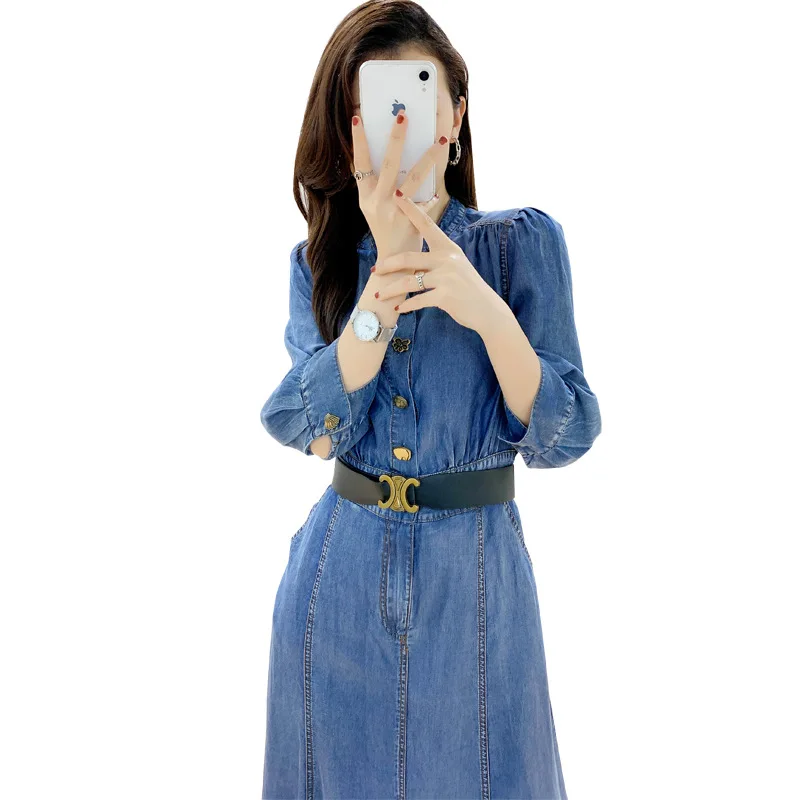 

European high quality women's Tencel denim dress 2021 summer new slim waist dress 17523