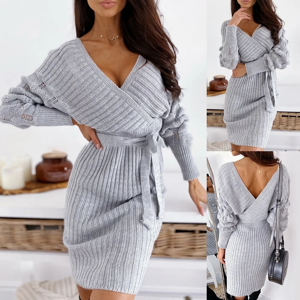 Женская мода с длинным рукавом v-образным вырезом спинки вязаный свитер платье |