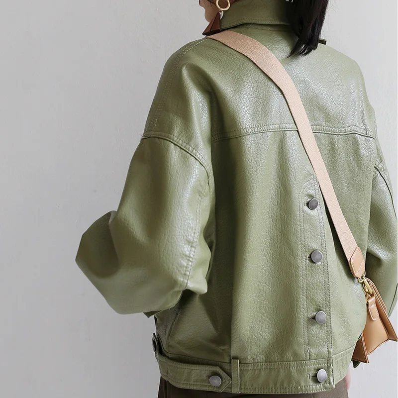 CGC 2021 Casual Streetwear Soft PU Leather Jacket Women Autumn Simple Short Slim Motorcycle Jackets Leather Coat Female Outwear