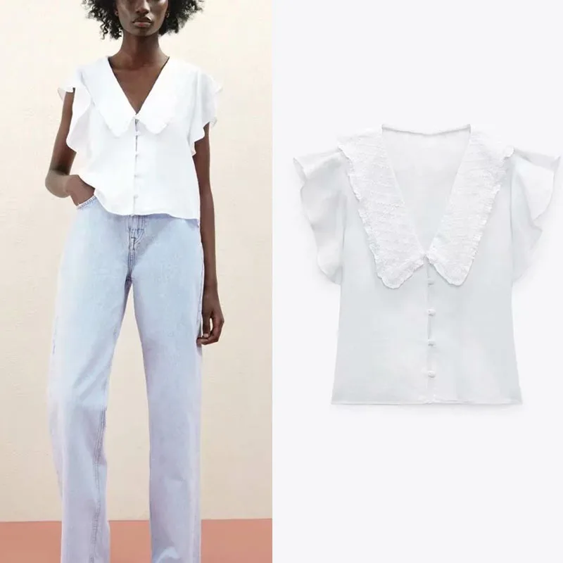 

Za Summer Print Girl Shirt Casual V-neck Lace Short Lotus Sleeve Single-breasted Fashion College Style Chic Woman Short Shirt