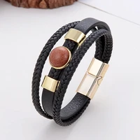 trend multilayer leather bracelet for women braided rope chain natural round stone bracelet girl 2021 fashion jewelry wholesale