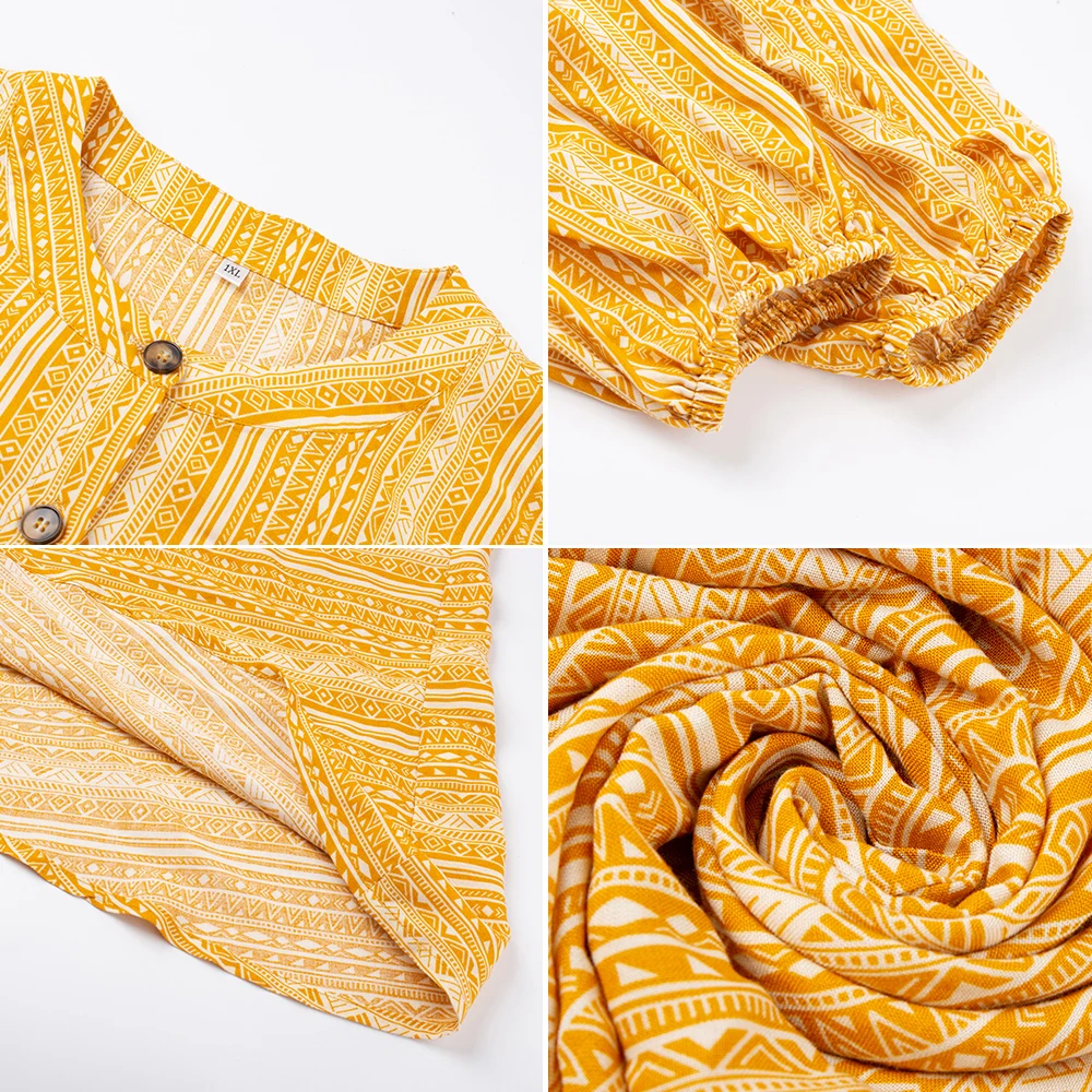 

Spring 2020 Plus Size Elegant Women's Dress Cotton Bohemian Printed Ladies Dress Yellow Long Sleeve Button Belt Beach Dress 4XL