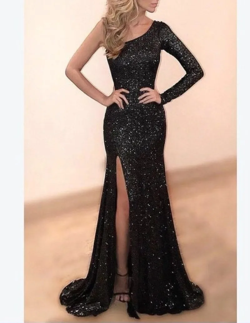 

Sparkling One Shoulder Slim Fit Split Party Dress