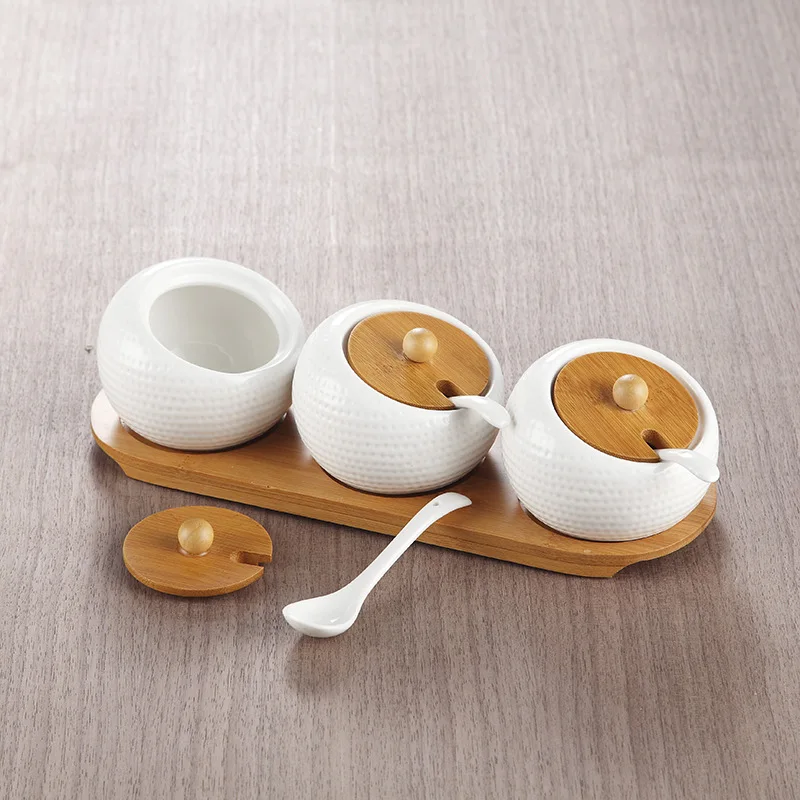 Bamboo Frame Covers Ceramics Condiments Bottles Kitchenware Seasoning Pots Spoons Pocerlain Creative Spices Salty Storage Box | Дом и сад