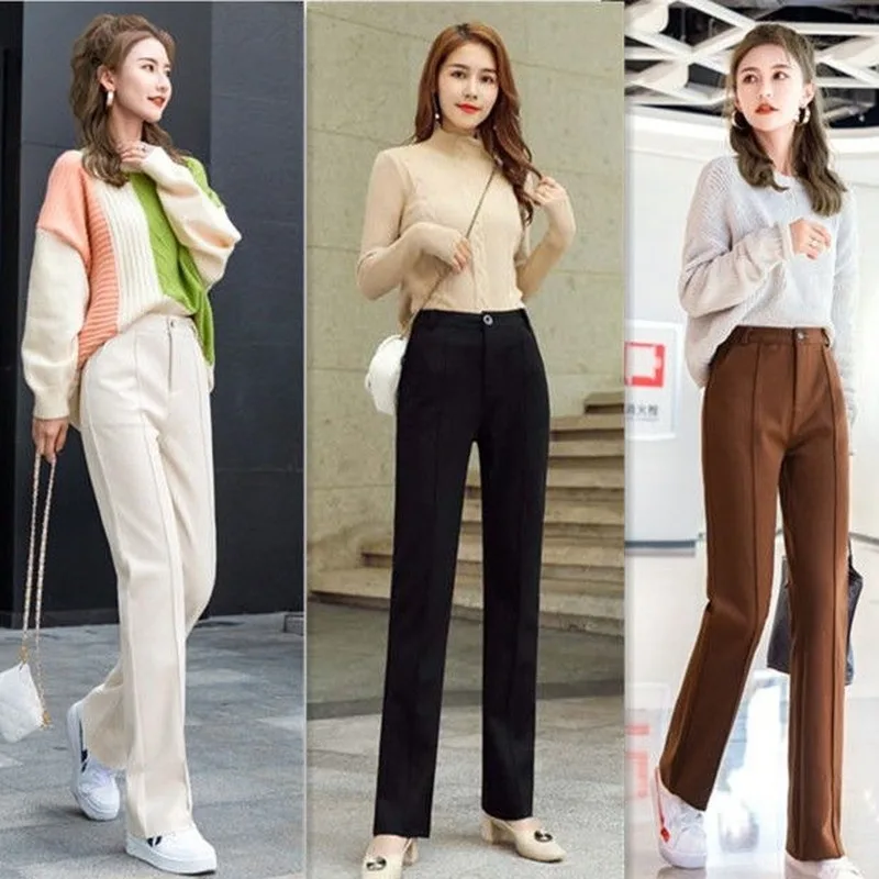 

Woolen Pants Women's Autumn and Winter High Waist Stitching Straight Pants Loose Casual Wide-Legged Pants Office Lady Suit Pants
