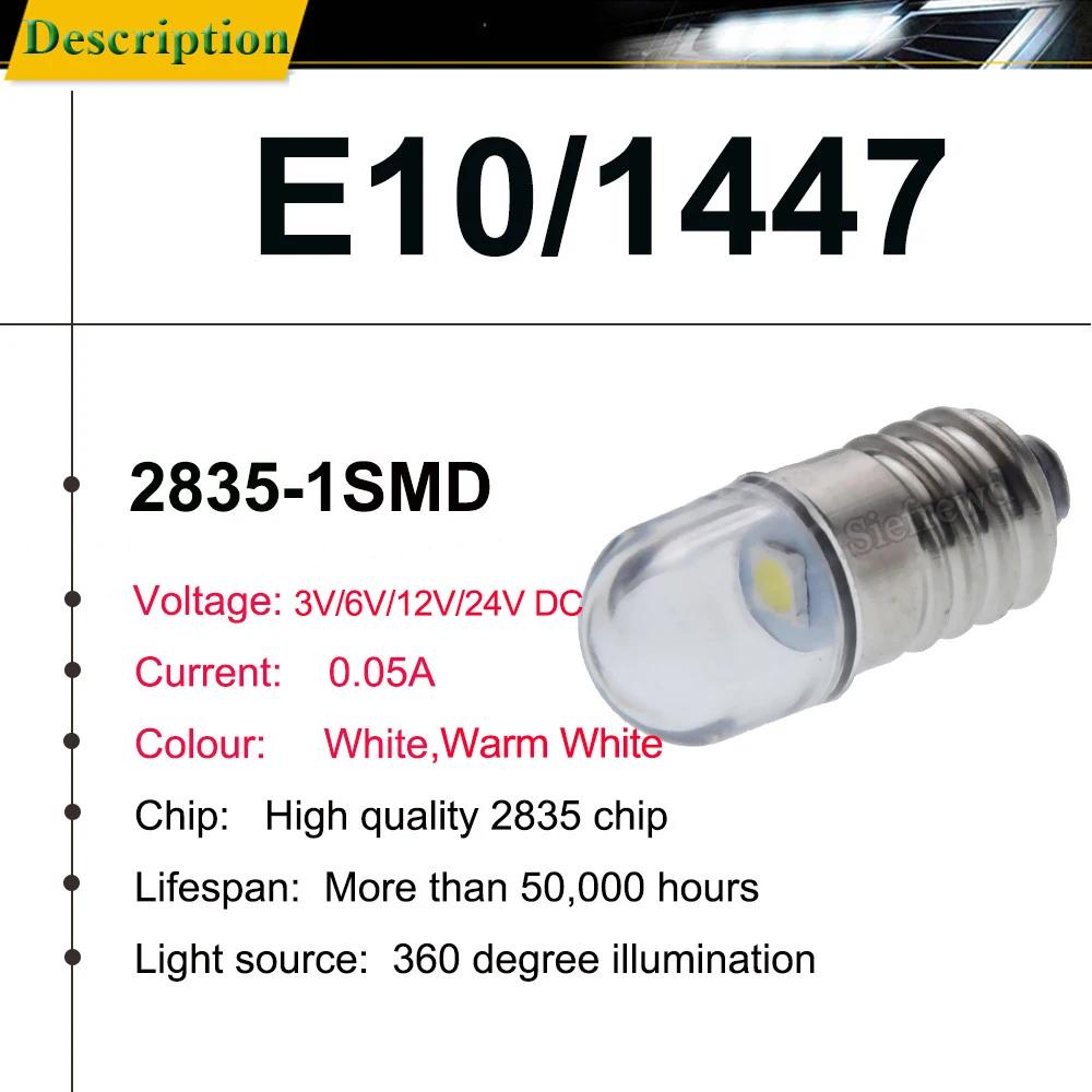 10 x теплый белый/белый E10 светодиодный вспышка светильник лампа 3v 6v 12v 24v DC 2835 1SMD