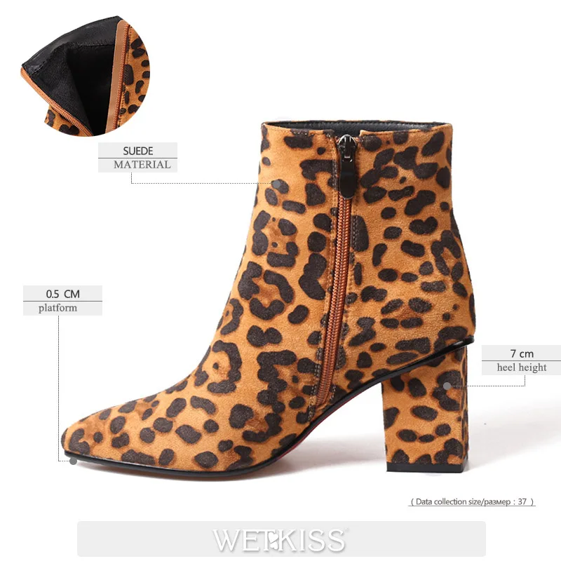 Leopard short plush WETKISS/женские ботильоны из искусственной кожи со змеиным принтом; обувь на молнии с острым носком; женские ботинки на Высоком толстом каблуке; женские ботинки из змеиной кожи; коллекция года - Цвет: Leopard short plush