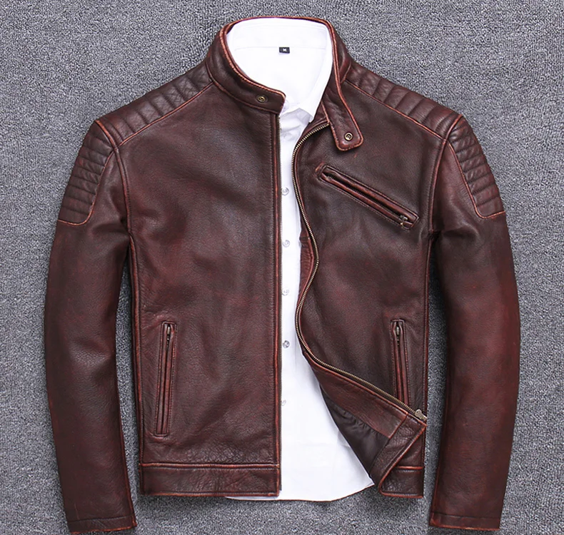 Tcyeek Genuine Leather Jacket for Men Fashion Cow Leather Coat Streetwear Men's Moto& Biker Coats Slim Casaco U-1806
