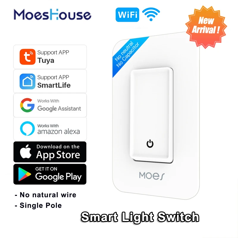 

WiFi Smart Push Button Switch Light Switch Single Pole No Neutral Wire No Capacitor Required Tuya Smart Life Alexa Google Home