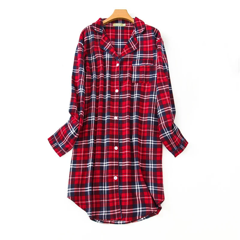 Red Plaid Клетчатая Хлопковая женская домашняя одежда в полоску, домашняя одежда с длинным рукавом, ночная рубашка на пуговицах, женская ночная рубашка на весну и лето, женская ночная рубашка - Цвет: Red Plaid