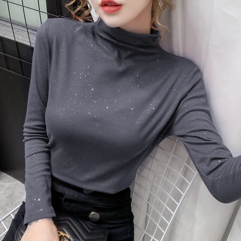 

Осенне-зимняя блестящая высокая эластичность футболка Женские однотонные Топы эластичные с длинным рукавом размера плюс S-XXL водолазка
