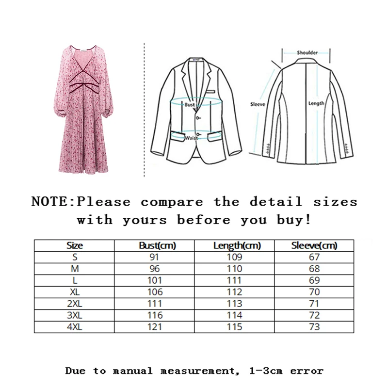 

Sllsky Floral Print Chiffon Holiday Dress Women V-neck Mid-Calf Lantern Sleeve Sweet Dress High Waist Loose Beach Style Dress