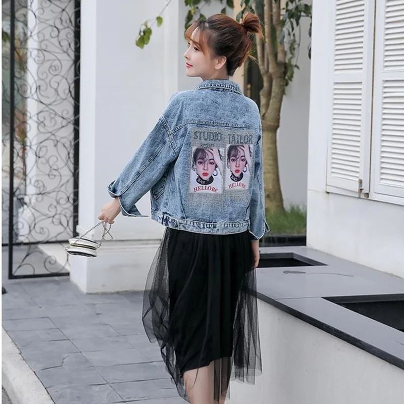 

Character Portrait Pattern Print Denim Jacket Women Loose Casual Long Sleeve Turn-Down Collar Sequin Coats Vestidos 2021 Spring