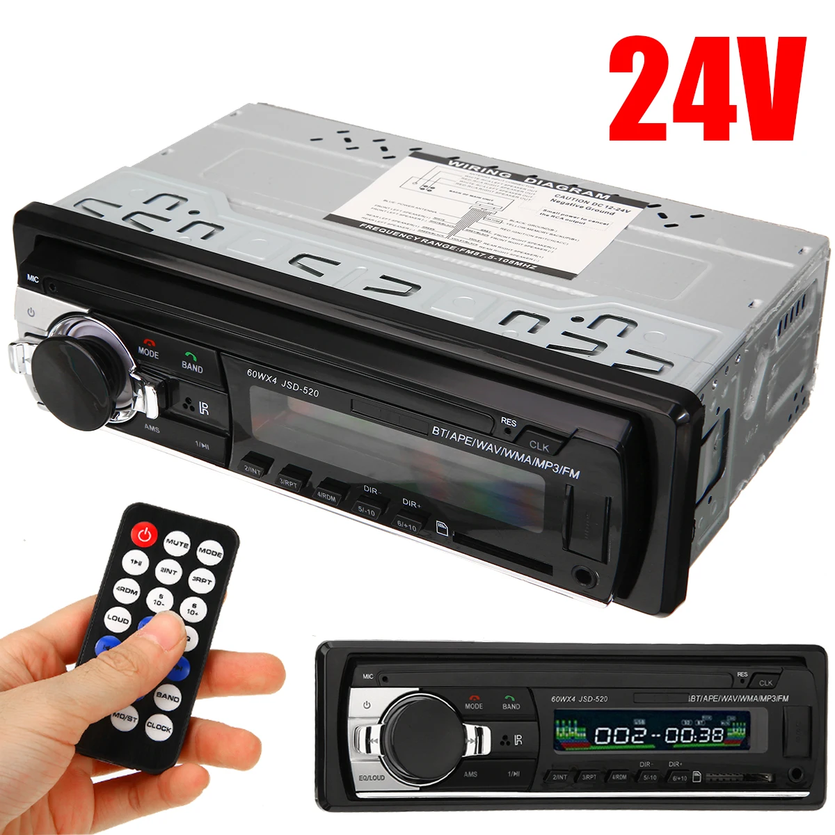 1set JSD-520 24V Digital Car MP3 Player FM Radio Stereo Audio USB/SD Support MP3/WMA Volume Remote Control Clock Parts