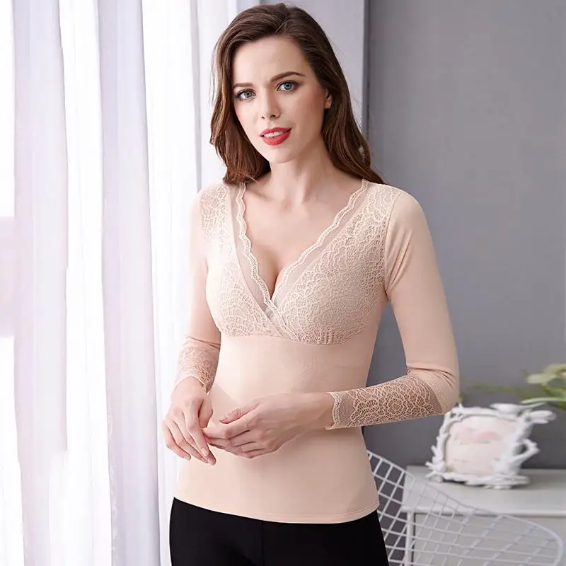 Женское термобелье осень зима 2020 плотное теплое женское кружевное с v образным