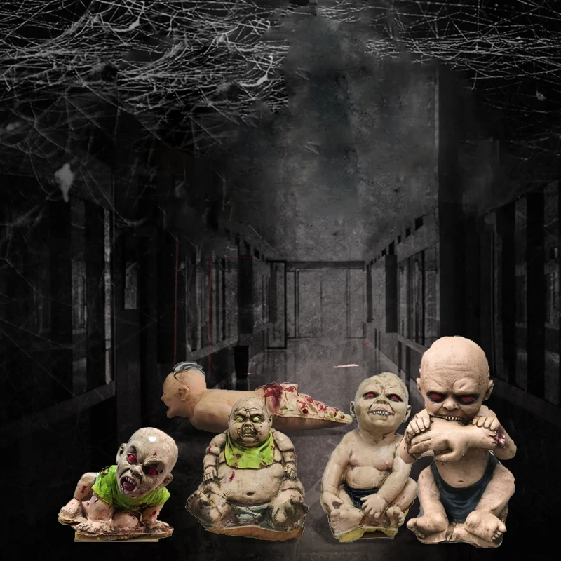 

652F Scary Ghost Head Doll Escape Room Halloween Themed Prank Horror Ornaments Haunted House Decoration Horrifying Scene Props