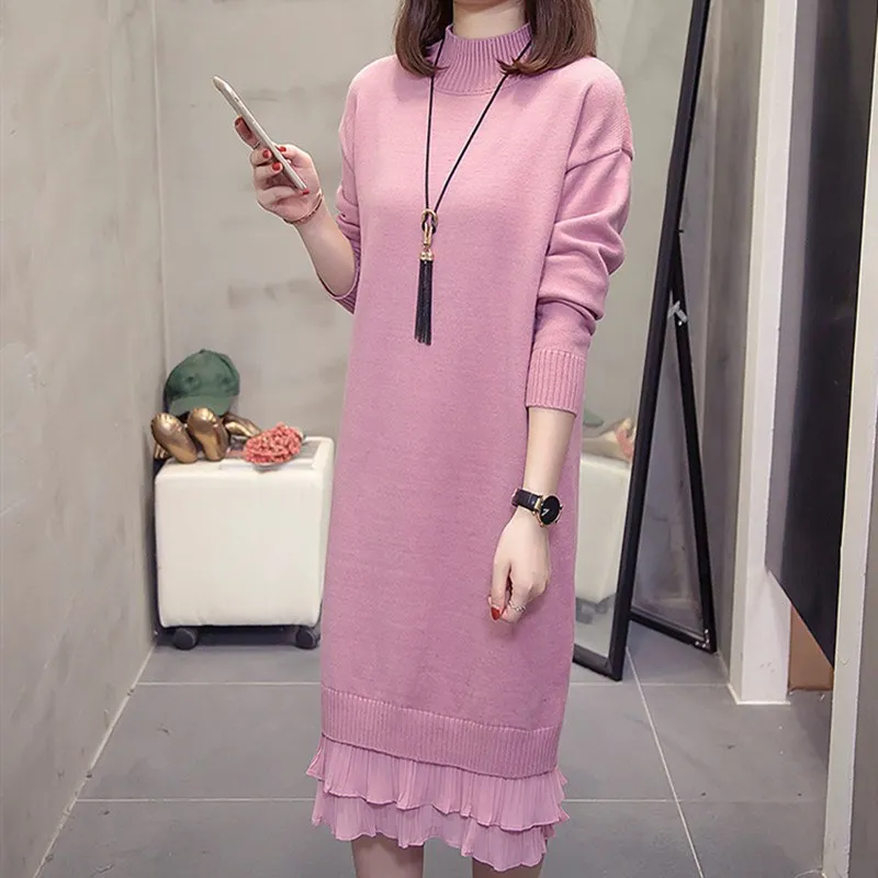 2019 осеннее женское базовое трикотажное платье миди воротник-стойка длинный