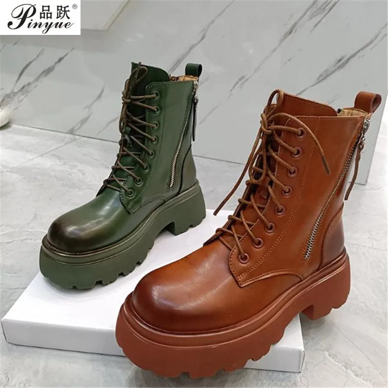 

Fashion Ankle Boots Winter Ankle Boots Genuine leather Women Boots Work Shoes Round Toe Lace-Up Women Motorcycle boots