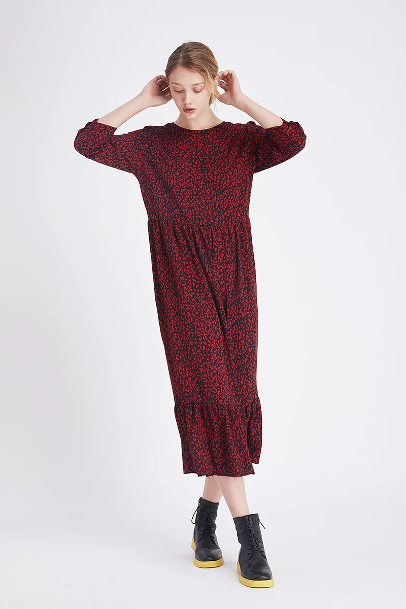 Винтажное стильное леопардовое платье миди с оборками для женщин модное элегантное платье с круглым вырезом и рукавом три четверти vestidos mujer
