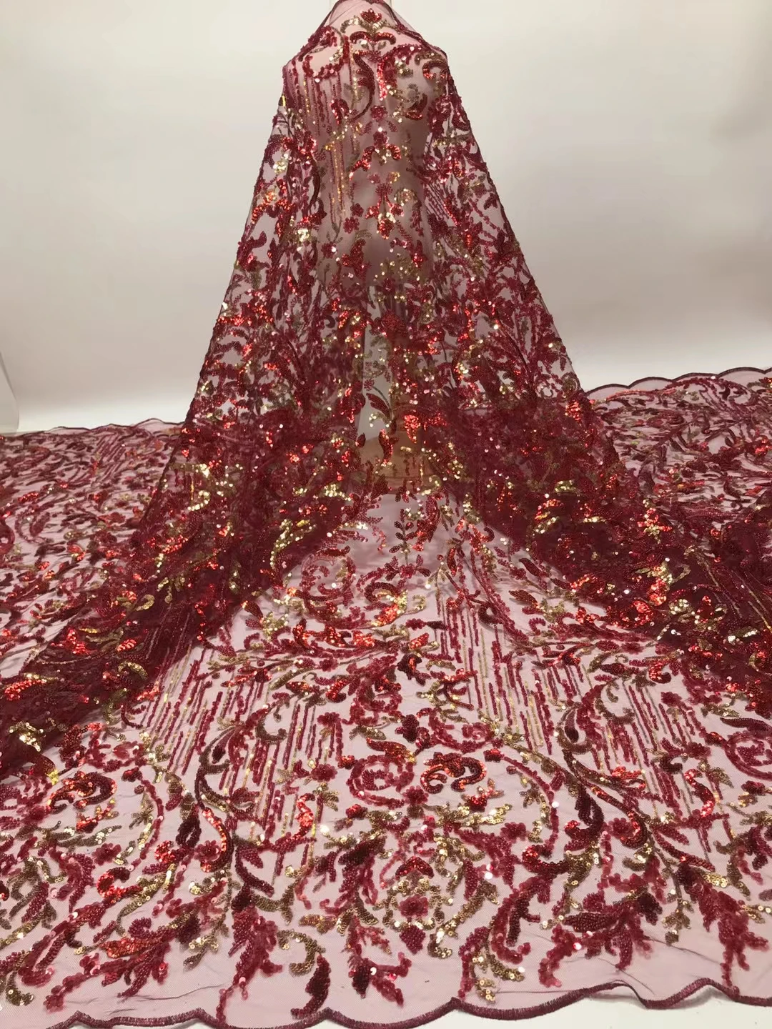 

Red Handmade Beaded Lace Fabric 2021 High Quality African Sequins Lace Fabric Embroidery French Net Bridal Lace Fabric