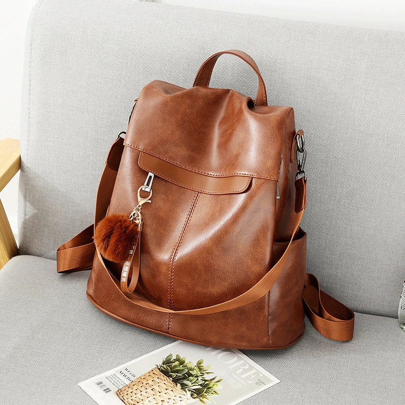 

Women Backpack High Quality Vintage Oil Wax PU Leather Bagpack 2021 New Waterproof Anti-theft Ladies Leisure Travel Back Pack