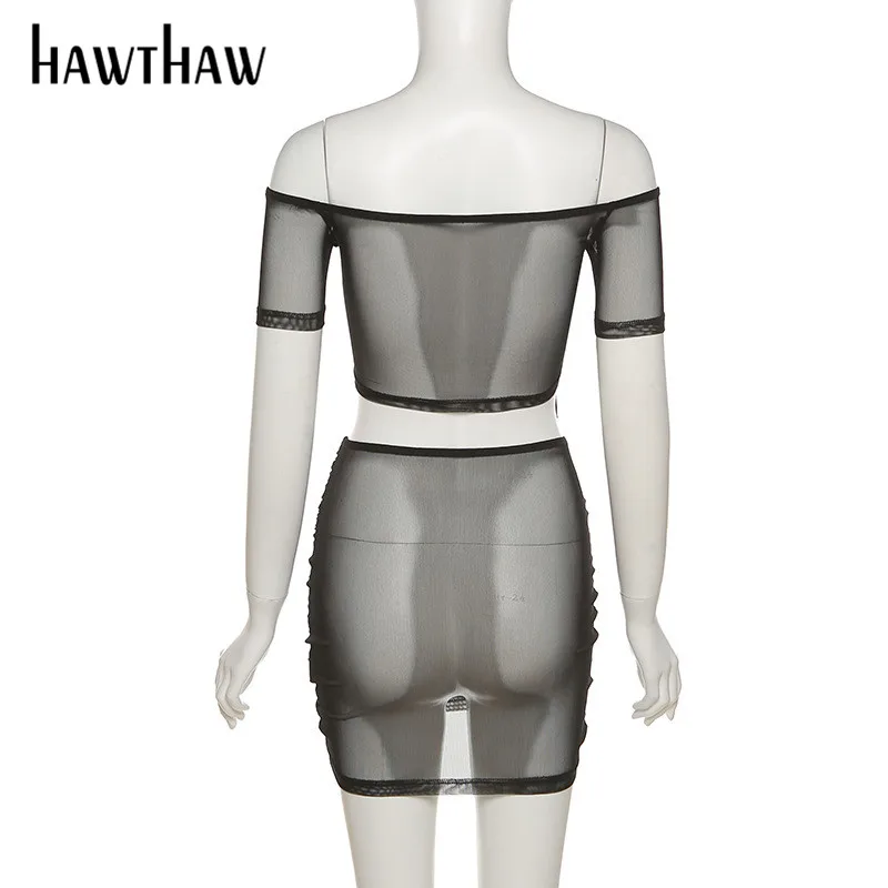 

Hawthaw Women Summer Crop Top Package Hip Mini Skirt Mesh See Throught Party Two Pieces Set Suit 2021 Female Clothing Streetwear