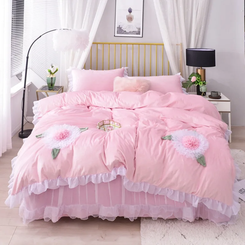 

100% natural Princess Style 4PCS Dandelion Pattern Cotton Sweet Girl Heart Lace European Style Korean Velvet Bedding Set