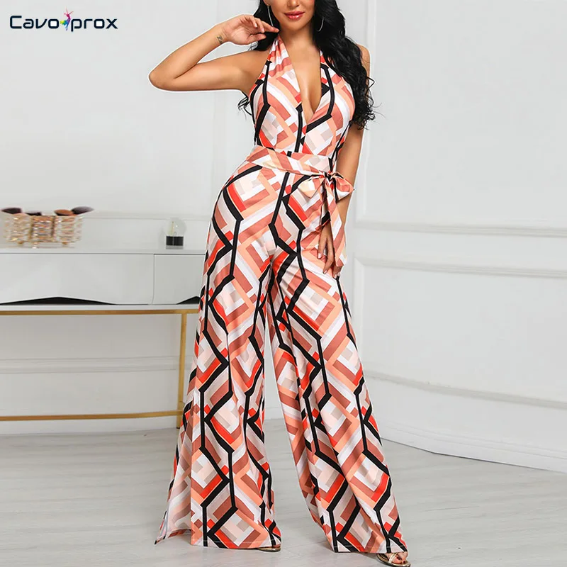 Женский красочный комбинезон с геометрическим принтом разрезом и широкими