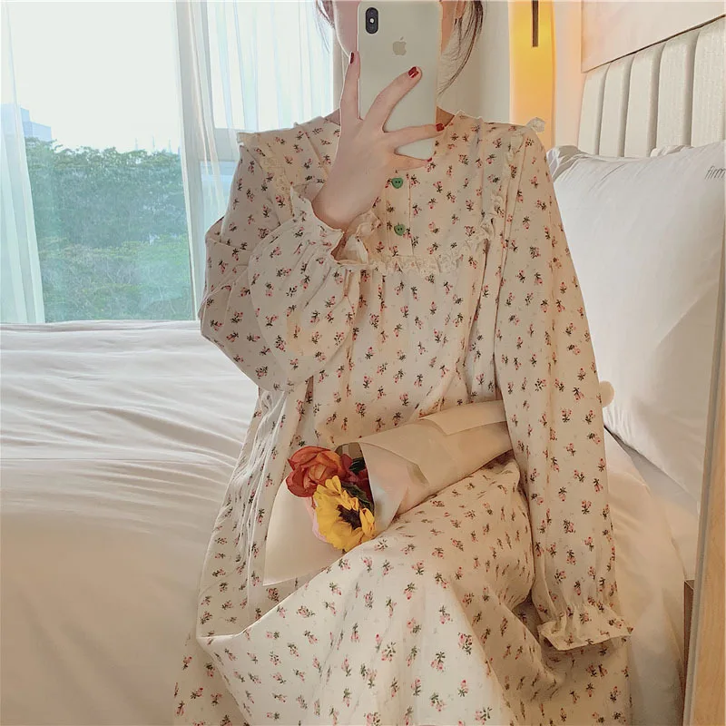 Spring Autumn New Korean Lovely Floral Nightdress Women Cotton Lace Long Sleeve Princess Wind Nightgown Home Wear Sleepwear