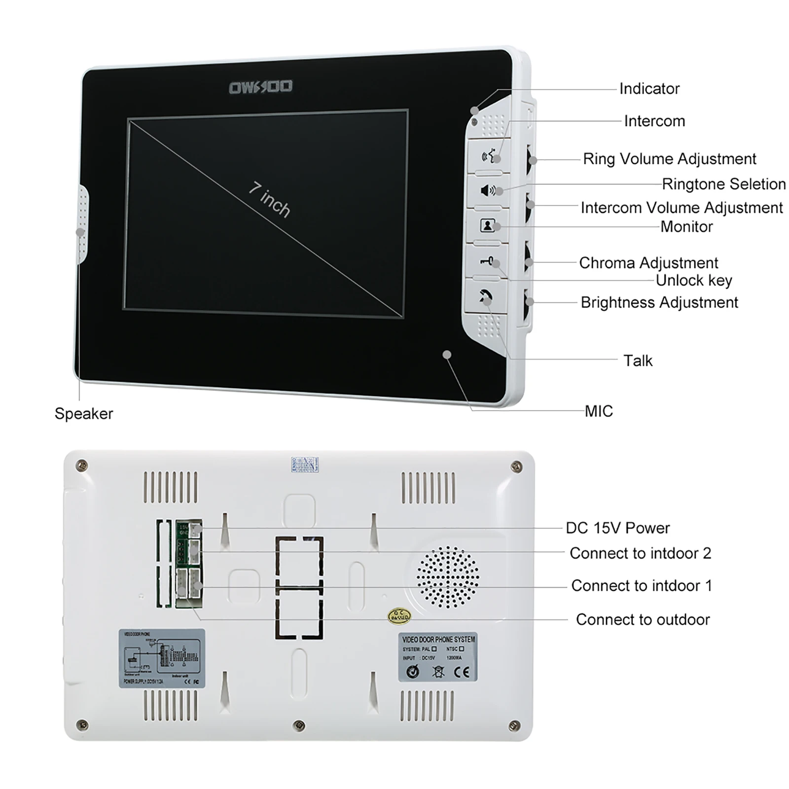 

OWSOO 7 Inch Video Door Phone Doorbell Intercom Kit 2 Indoor Monitor 1 Outdoor Camera Night Vision Hands-free Call Home Security