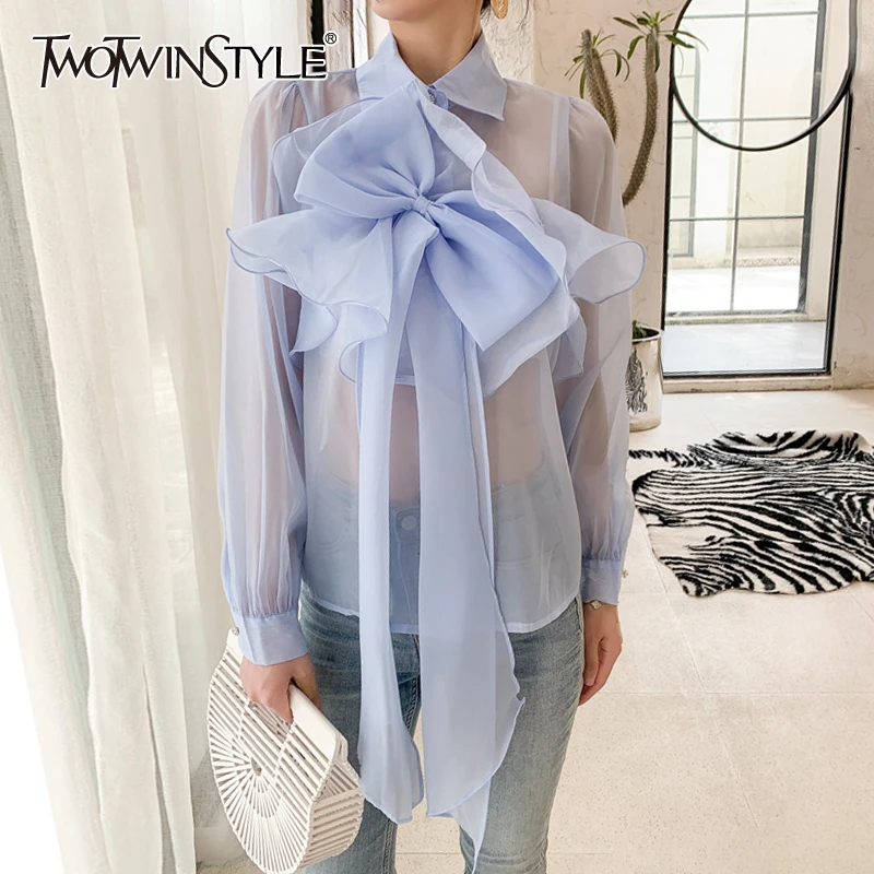 

TWOTWINSTYLE Blue Patchwork Bowknot Casual Shirts For Women Lapel Long Sleeve Perspective Blouses Female 2022 Summer Fashion New