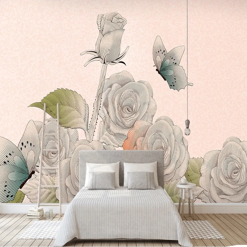 Custom Photo Mural 3D Hand Painted Sketch Rose Flowers Butterfly Pink Wallpaper for Living Room Sofa Background Wall Decoration  - buy with discount