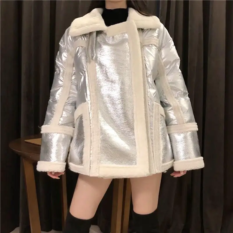 Зима 2019 высокое качество воротник с лацканами длинный рукав серебряное пальто