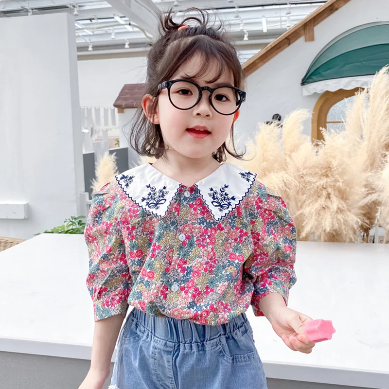 

New Summer Baby Girls Short Sleeve Shirt Girls Lapel Embroidery Front Pocket Fashion Floral Short Sleeve Shirt