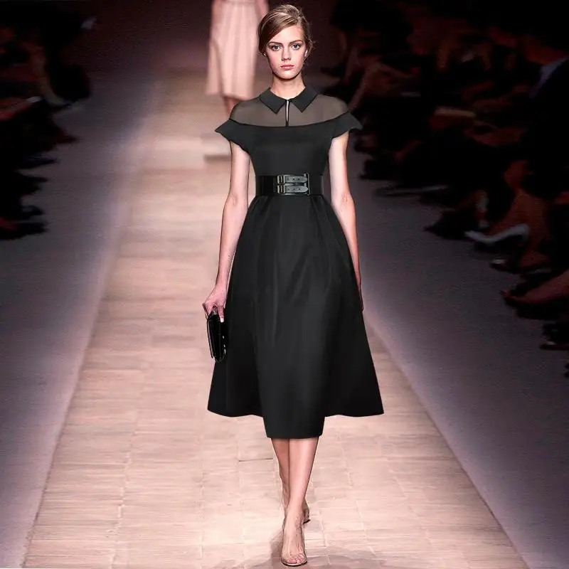 

little black dress high quality runway dress 2021 Evening Turn-down Collar Patchwork Sashes Black Elegant Midi short sexyDress