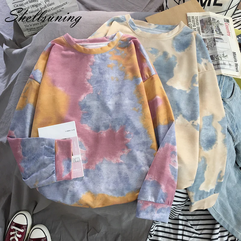 Shellsuning Tie Dye Нижняя футболка весна Harajuku уличная свободная одежда футболка с длинным рукавом Женский мягкий пуловер с круглым вырезом топы
