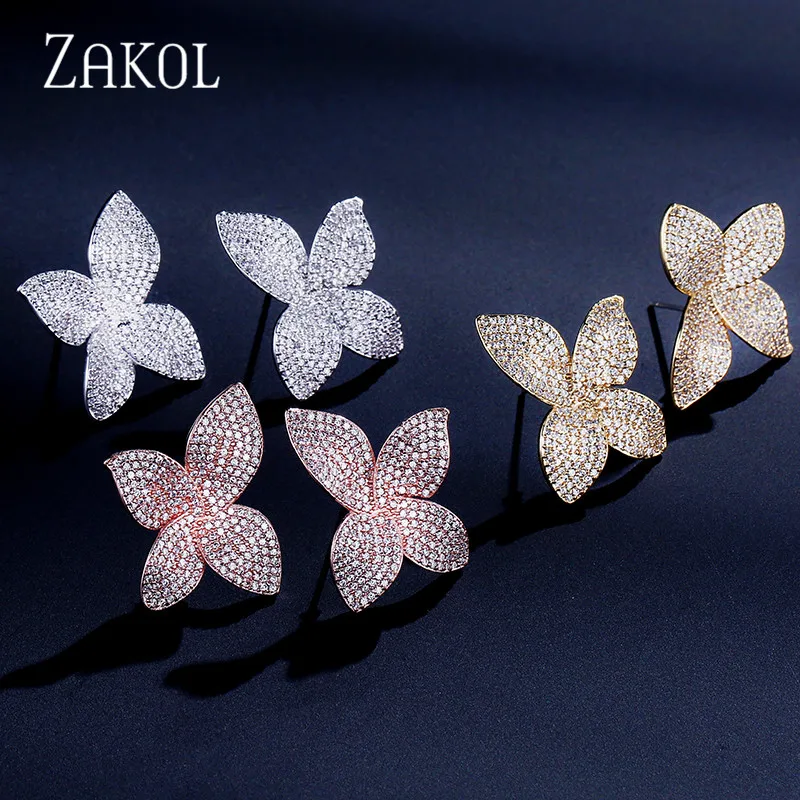 ZAKOL новые модные роскошные серьги-гвоздики с бабочкой AAA кубическим цирконием, с большим цветком, для женщин, вечерние, подарки FSEP2078