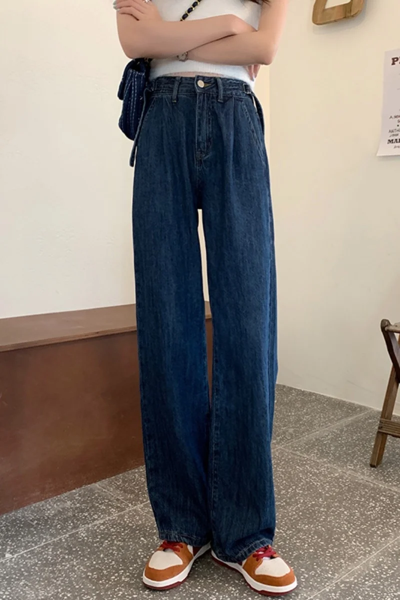 Джинсы Design Sense с завышенной талией темные женские летние брюки прямые свободные