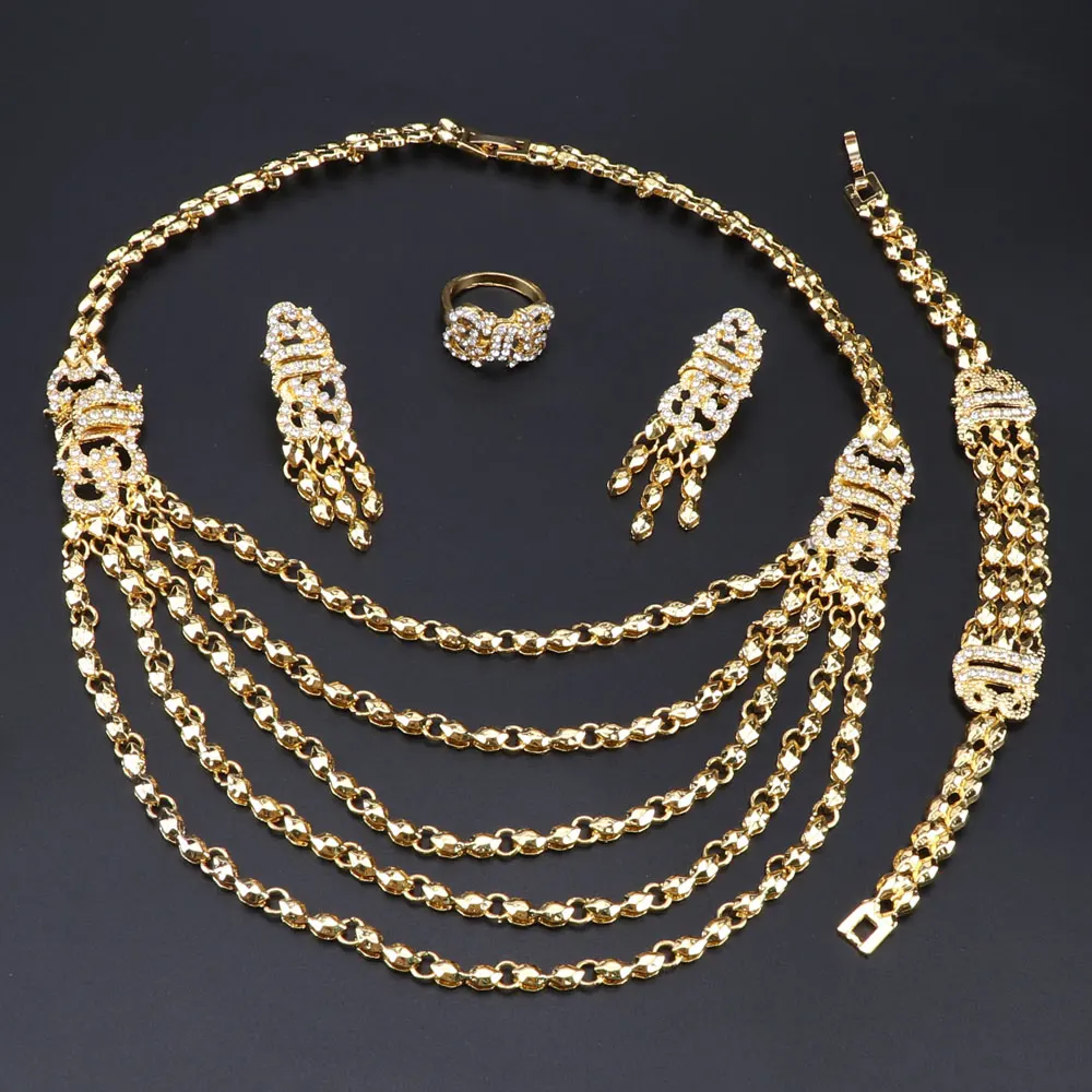Charm Dubai Gold Color Crystal Jewelry Sets For Women Multi-layer Necklace Earrings Bangle Rings Party Dress Accessories | Украшения и