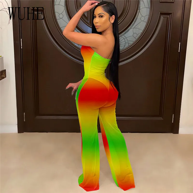 

WUHE Multicolor Gradient Print Jumpsuits Breast Wrap See Through Off Shoulder Hollow Out Open Back Casual Streetwear Nightclub