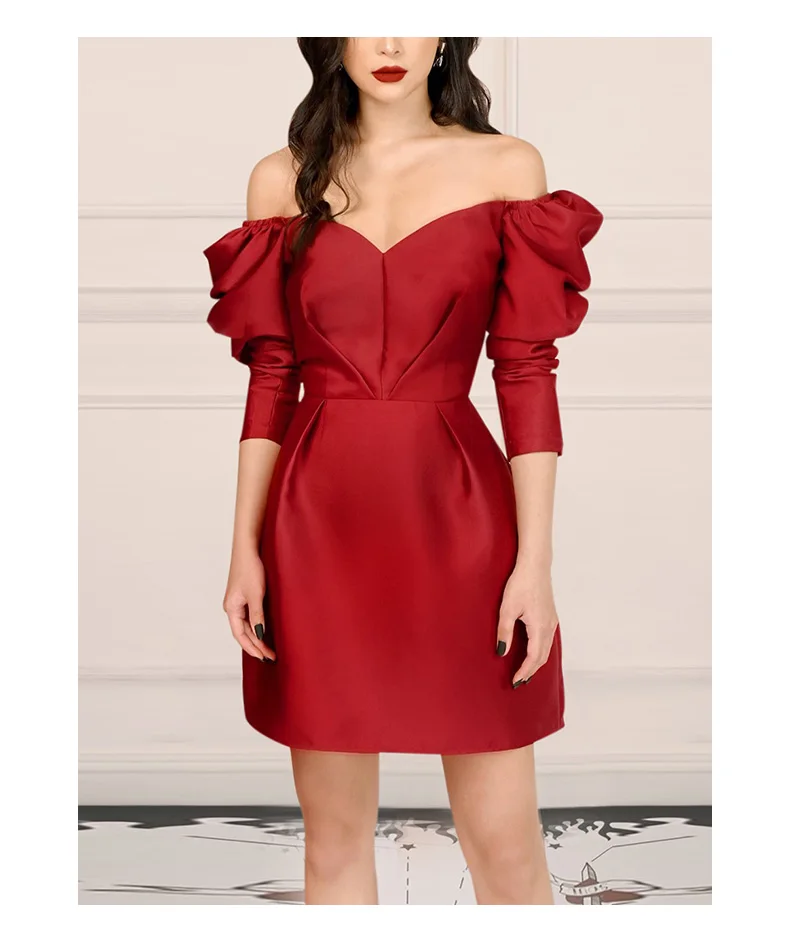 Dresses Natal Year Red Women s Fashion New Retro Puff Sleeve Design Sense Waist Celebrity Temperament Small Dress Dress  Dress