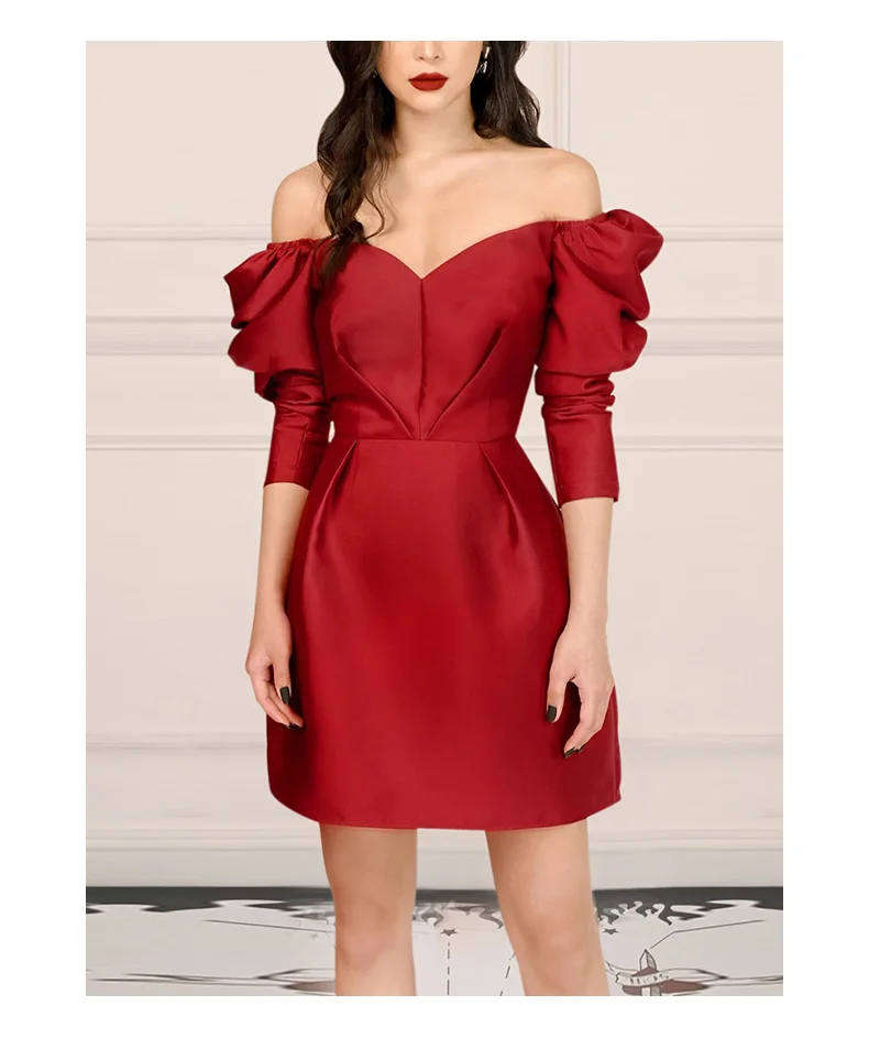 Dresses Natal Year Red Women s Fashion New Retro Puff Sleeve Design Sense Waist Celebrity Temperament Small Dress Dress Dress