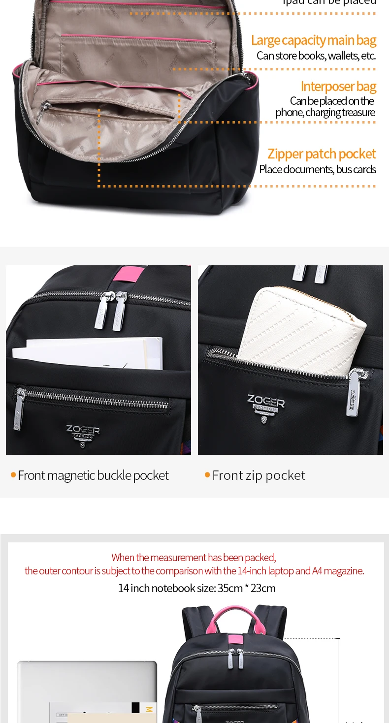 ZOGER travel shoulder high quality laptop bag Oxford canvas casual lady lightweight large capacity backpack for girls in their 2