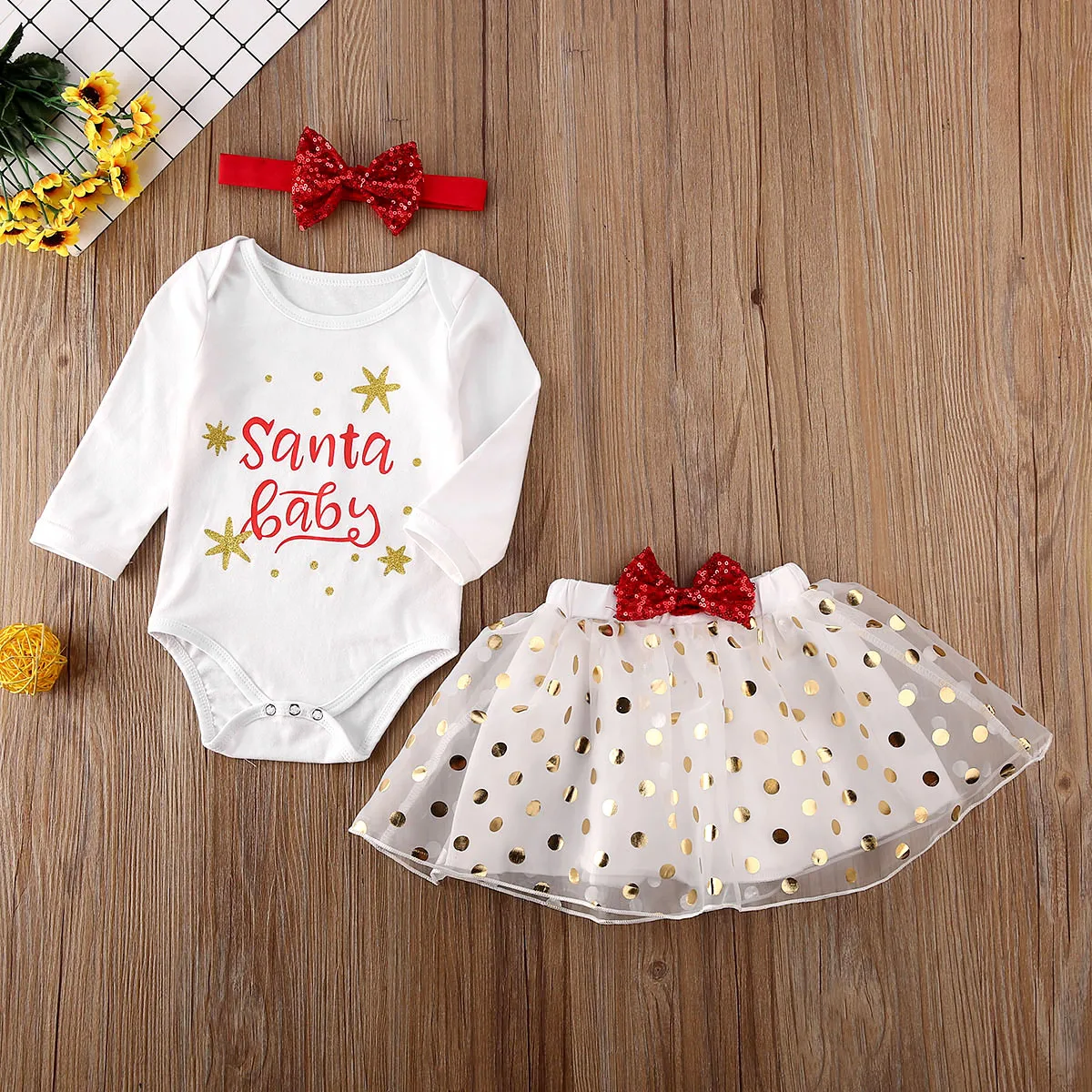 

3Pcs Baby Girl Christmas Clothes Long Sleeve Letter Pattern Tops Romper+Polka Dot Printed Lace Tutu Skirt Xmas Outfit