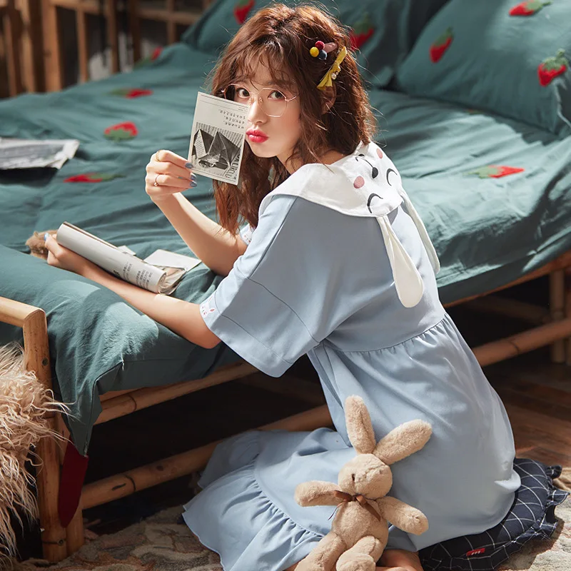 

Nightgowns Women Sleepshirts Short Sleeve Summer Ruffles Homewear Kawaii Girls Korean Style Lace-up Trendy Peter Pan Collar Chic