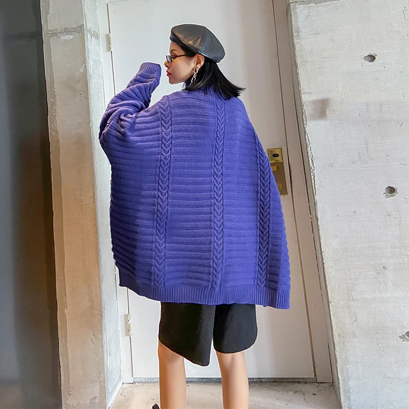 Women New Fashion Tide Autumn Winter 2021 Blue Big Size Long Knitting Turtleneck Sweater Loose Fit Long Sleeve