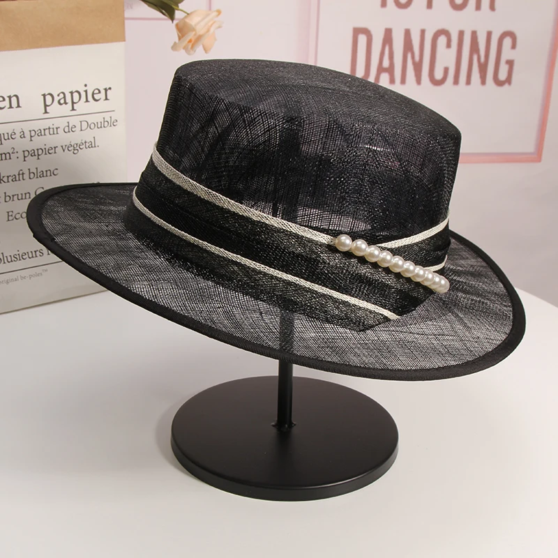 

2021 Hat Deby Race New Women High Quality Sinamay Fedoras Flat Wedding Top Wide Eaves Bucket Cap Fashion Church Jazz Hats