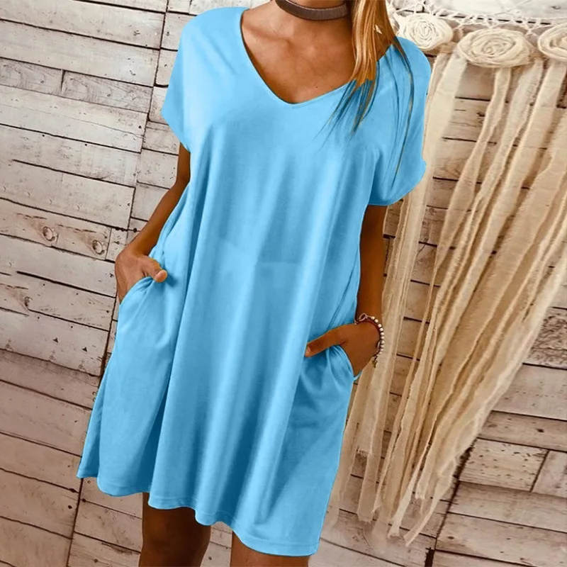 

Ladies V-neck Short-sleeved Plus Size Solid Color Dress Short Skirt Multi-color for Choose
