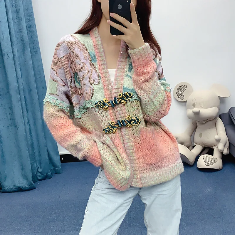 Ladies' autumn new sweater coat women's versatile jacquard buckle stitching temperament knitted cardigan